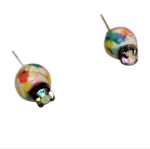14k Gold AB Crystal Colorful Studs Turquoise & Oil-Paint Round Earrings